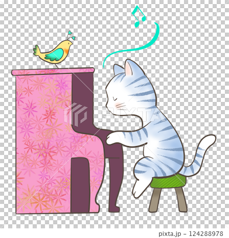 一隻貓開心地彈鋼琴的插圖 124288978