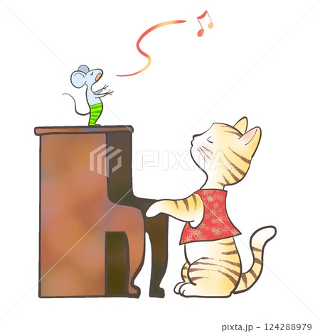 ネズミの歌にネコがピアノで伴奏をして遊んでいるイラスト 124288979