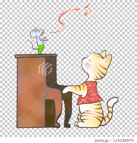 ネズミの歌にネコがピアノで伴奏をして遊んでいるイラスト 124288979