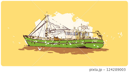Color vector illustration of fishing ship from side view in North Sea with sea birds 124289003