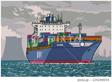 Color vector illustration of full commercial container ship from three quarter view 124289054