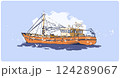 Color vector illustration of fishing ship from side view in North Sea with sea birds 124289067