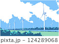Vector illustration of wind turbines in perspective generating green energy in color 124289068