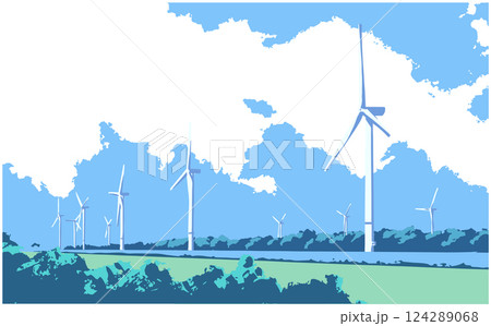 Vector illustration of wind turbines in perspective generating green energy in color Vector illustration of wind turbines in perspective generating green energy in color 124289068