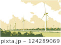 Vector illustration of wind turbines in perspective generating green energy in color 124289069