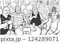 Black and white illustration of older couples sitting at table drinking and smiling 124289071
