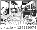 Black and white illustration of restaurant interior with customers eating and drinking 124289074