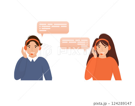 Call center, hotline flat vector illustrations. Smiling office workers with headsets cartoon characters. Character with headphones and microphone with laptop. 124289147