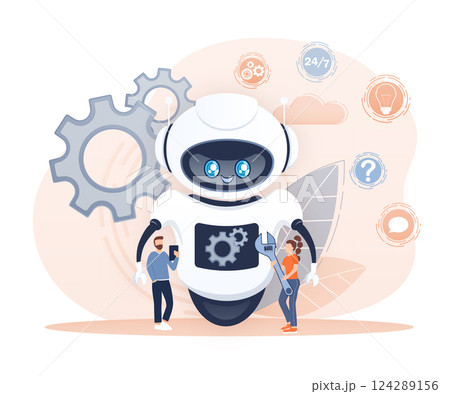 Settings bot in cartoon style. Marketing social media concept. Global social network Settings bot in cartoon style. Marketing social media concept. Global social network 124289156
