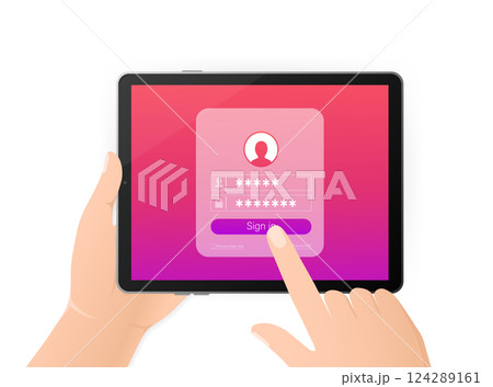 Log in tablet hands, great design for any purposes. Vector illustration flat design. Laptop screen. Phone icon vector. Cartoon button with log in tablet hands. 124289161