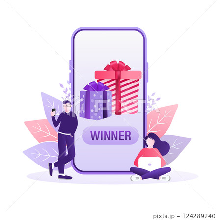 Cartoon character winner smartphone people. Business success concept. Technology background. Winner smartphone people. Cartoon character winner smartphone people. Business success concept. Technology background. Winner smartphone people. 124289240