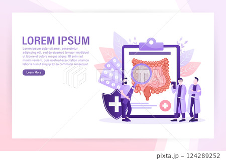 Flat vector illustration. Flat vector illustration with intestines, digestive system concept. Flat vector illustration. Flat vector illustration with intestines, digestive system concept. 124289252