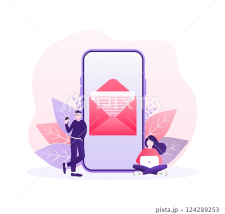 Flat illustration with letter smartphone people for concept design. Flat vector character. Business illustration. Smartphone screen. Flat illustration with letter smartphone people for concept design. Flat vector character. Business illustration. Smartphone screen. 124289253