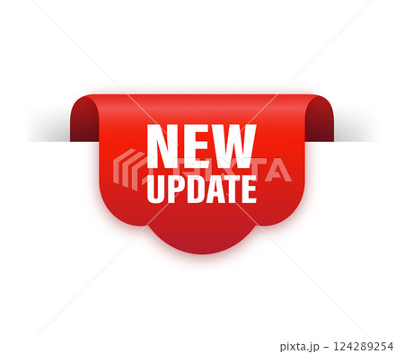 New update red ribbon isolated on white background. Red label, banner for any purposes. Vector illustration. 124289254