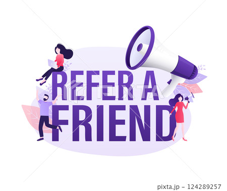 Flat icon with megaphone people refer friend. Poster, banner. Flat isometric vector illustration. 3d vector illustration. Flat icon with megaphone people refer friend. Poster, banner. Flat isometric vector illustration. 3d vector illustration. 124289257