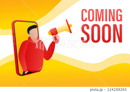 Template with coming soon man holding megaphone on white background for flyer design. Vector illustration in flat style. 124289265