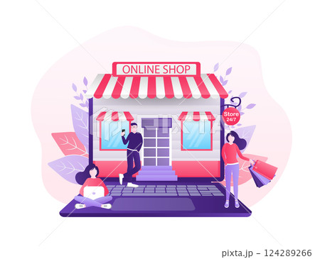 Line shopping people, great design for any purposes. Laptop icon vector. Cartoon flat vector illustration. Online delivery phone concept. Line shopping people, great design for any purposes. Laptop icon vector. Cartoon flat vector illustration. Online delivery phone concept. 124289266