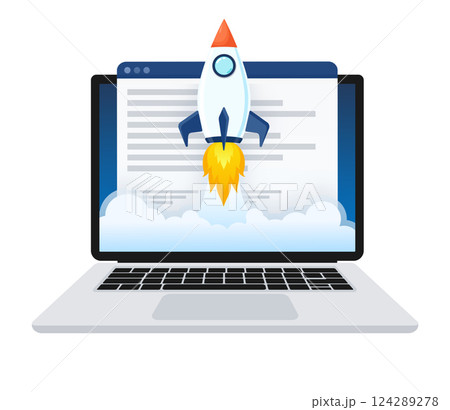 Website speed optimisation - Laptop with webpage and analytic tools on screen. Vector illustration. 124289278
