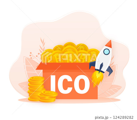 Initial coin offering, ICO Token production process vector illustration. Cryptocurrency trading desk, bitcoin futures, financial technology, blockchain ICO abstract metaphor. 124289282