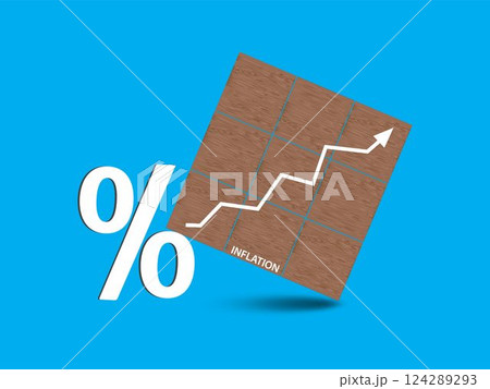 Percent sign and Inflation word with white up arrow on wooden blocks isolated on blue background. Inflation rate crisis, money economy concept. Business recession risk. Financial bank cost balance. Percent sign and Inflation word with white up arrow on wooden blocks isolated on blue background. Inflation rate crisis, money economy concept. Business recession risk. Financial bank cost balance. 124289293