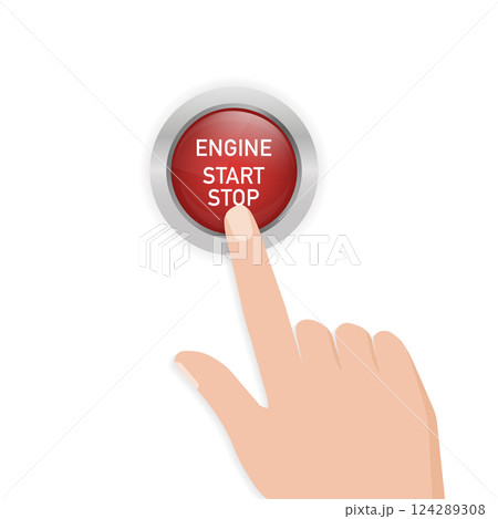 Abstract illustration with red engine start button on white background. Isolated vector icon. Isolated white background. Symbol, sign. Finger touching red button. Abstract illustration with red engine start button on white background. Isolated vector icon. Isolated white background. Symbol, sign. Finger touching red button. 124289308