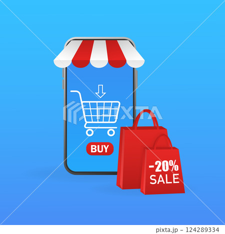 Online shopping hand smartphone for mobile device design. Smartphone with shopping concept. Online store payment. Isometric vector illustration. 124289334