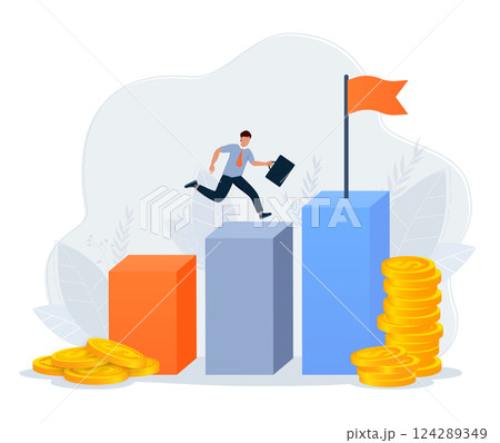 Business team walking success ladder or steps banner, web page. Flat design concept of business analysis and planning, increase profits, business growth 124289349