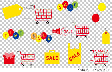 お店やネットショップに使えるセールのあしらい。バーゲンセールの装飾。割引や値下げの広告用あしらい。 お店やネットショップに使えるセールのあしらい。バーゲンセールの装飾。割引や値下げの広告用あしらい。 124289424