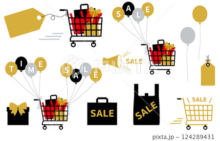 お店やネットショップに使えるセールのあしらい。バーゲンセールの装飾。割引や値下げの広告用あしらい。 お店やネットショップに使えるセールのあしらい。バーゲンセールの装飾。割引や値下げの広告用あしらい。 124289431