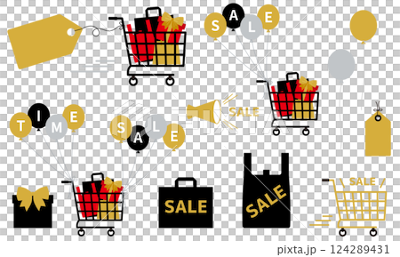 お店やネットショップに使えるセールのあしらい。バーゲンセールの装飾。割引や値下げの広告用あしらい。 お店やネットショップに使えるセールのあしらい。バーゲンセールの装飾。割引や値下げの広告用あしらい。 124289431