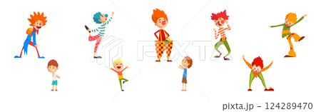 Funny Clown Character Performing Show for Kids Vector Set 124289470