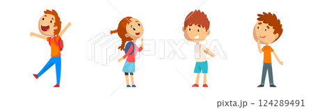 Happy Girl and Boy Character Standing and Smiling Vector Illustration Set 124289491