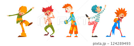 Funny Clown Character Performing Show for Kids Vector Set 124289493