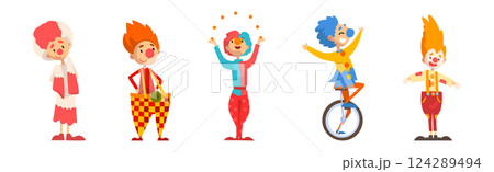 Funny Clown Character Performing Show for Kids Vector Set Funny Clown Character Performing Show for Kids Vector Set 124289494
