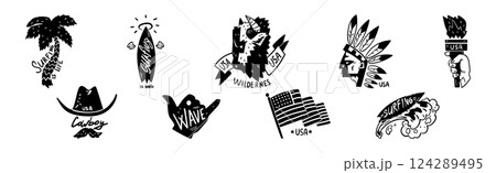 USA Logo Badges and Black Emblems of American Lifestyle Vector Set 124289495