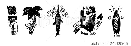 USA Logo Badges and Black Emblems of American Lifestyle Vector Set USA Logo Badges and Black Emblems of American Lifestyle Vector Set 124289506