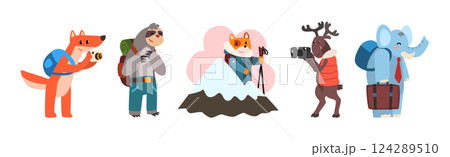 Funny Animal Tourist or Travelers with Backpack Vector Set Funny Animal Tourist or Travelers with Backpack Vector Set 124289510