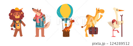 Funny Animal Tourist or Travelers with Backpack Vector Set Funny Animal Tourist or Travelers with Backpack Vector Set 124289512