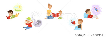 Adorable Children Reading Fairytale Fantasy Book with Mom Vector Set Adorable Children Reading Fairytale Fantasy Book with Mom Vector Set 124289516