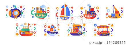 Flat Ship and Sea Vessel Colorful Icon as Seafaring and Marine Cruise Vector Set 124289525