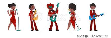 Man and Woman Musician and Jazz Performer Sing and Play Musical Instrument Vector Set 124289546
