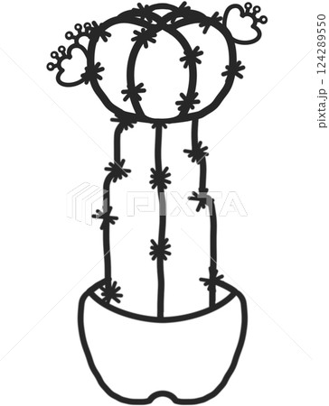 A delicate, hand-drawn cactus outline in minimalist style, illustration of a children's activity coloring book page with pictures of cactus. 124289550