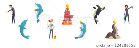 Oceanarium or Dolphinarium with Sea Animals and Trainers Performing Stunt Vector Set 124289555