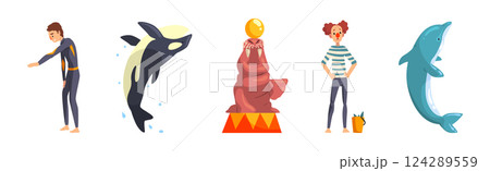 Oceanarium or Dolphinarium with Sea Animals and Trainers Performing Stunt Vector Set 124289559
