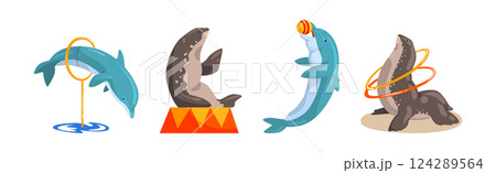 Oceanarium or Dolphinarium with Sea Animals Performing Stunt Vector Set Oceanarium or Dolphinarium with Sea Animals Performing Stunt Vector Set 124289564