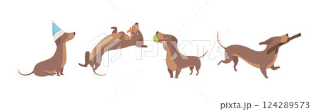 Brown Funny Dachshund Dog and Puppy in Different Pose Vector Set Brown Funny Dachshund Dog and Puppy in Different Pose Vector Set 124289573