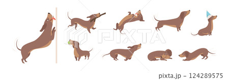 Brown Funny Dachshund Dog and Puppy in Different Pose Vector Set Brown Funny Dachshund Dog and Puppy in Different Pose Vector Set 124289575