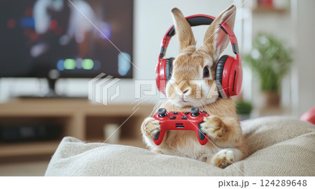 Adorable Gamer rabbit wearing headphones holding video game controller at home. concept of Bunny, Video gaming, relaxation, playful animal, Funny Pet, Entertainment, Digital Lifestyle, Humor. 124289648