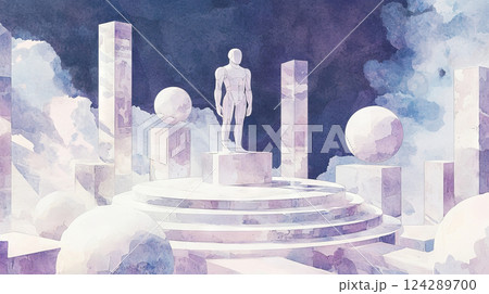 Futuristic watercolor illustration of sleek white humanoid figure in abstract geometric landscape. concept of modern art, engineering innovation, abstract design, human-technology fusion. 124289700