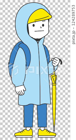 大雨で避難する男性|レインコート ヘルメット 運動靴 大雨で避難する男性|レインコート ヘルメット 運動靴 124289753